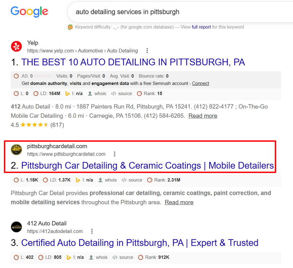 Car Detailing Search Ranking Results